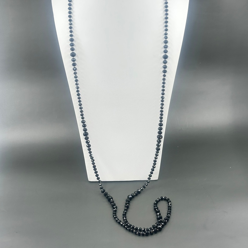 Black Faceted Bead Long Necklace Silver Tone Spacers Gothic Statement Jewelry